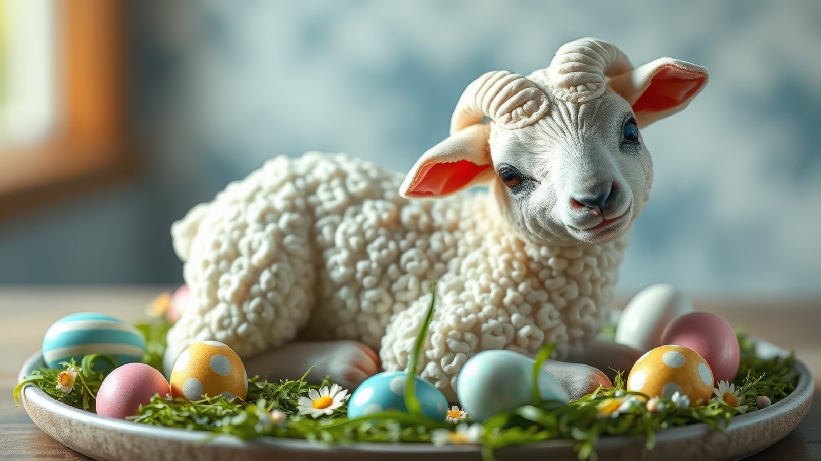 Creative Easter decoration featuring a lamb centerpiece surrounded by colorful eggs and greenery